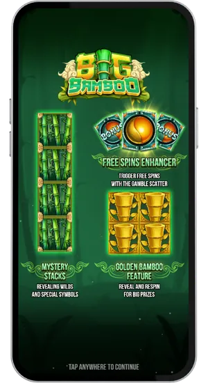 Big Bamboo slot bonusfuncties overzicht met Mystery Stacks Golden Bamboo en Free Spins Enhancer op mobiel
