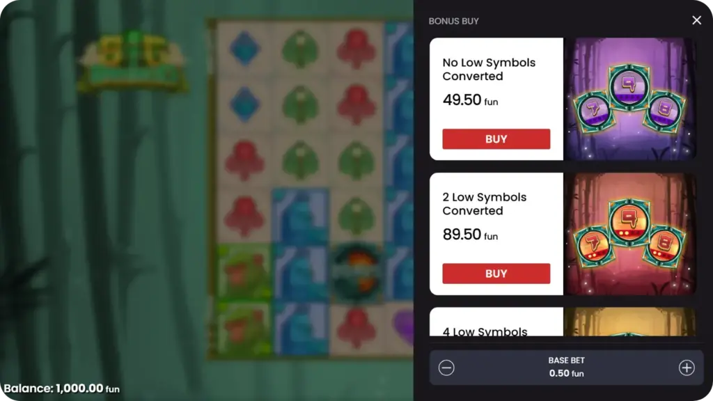 Bonus Buy opties in Big Bamboo slot met vier keuzes en bijbehorende kosten