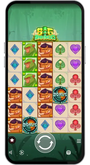 Twee bonus scatter symbolen verschijnen op de rollen tijdens het basisspel van Big Bamboo op mobiel