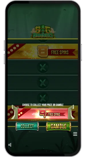 Gamble Wheel scherm in Big Bamboo met keuze tussen acht free spins verzamelen of gokken voor meer spins
