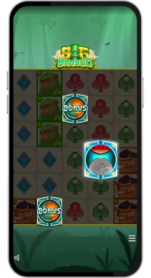 Twee bonus scatter symbolen zichtbaar op de rollen van Big Bamboo tijdens het basisspel op mobiel